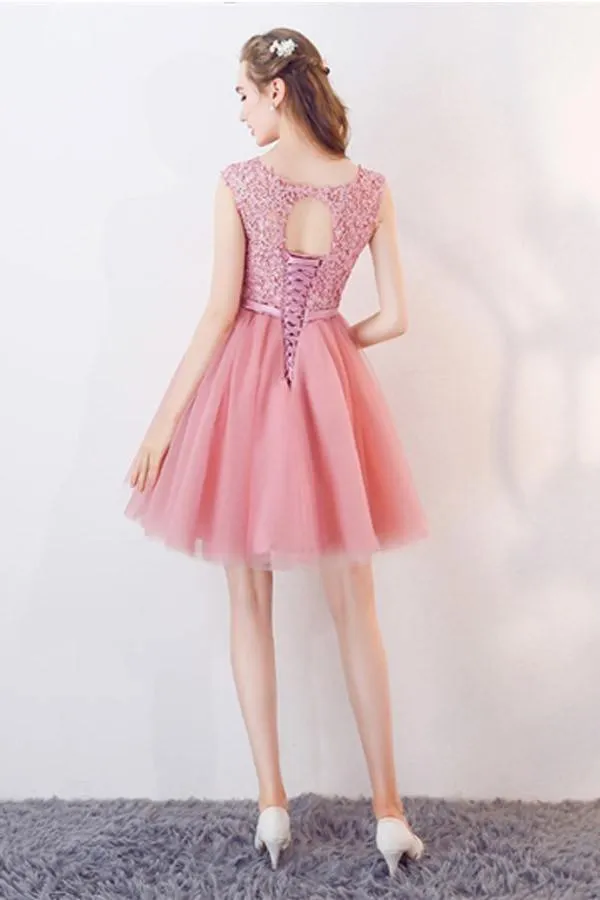 A-Line Cap Sleeves Appliques Bowknot Crystal Sashes Homecoming Dress PG154