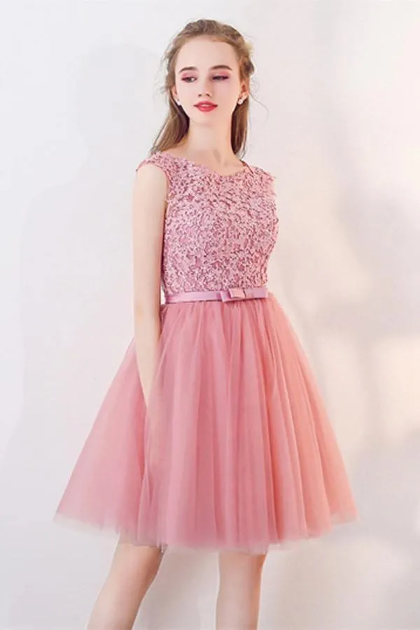 A-Line Cap Sleeves Appliques Bowknot Crystal Sashes Homecoming Dress PG154