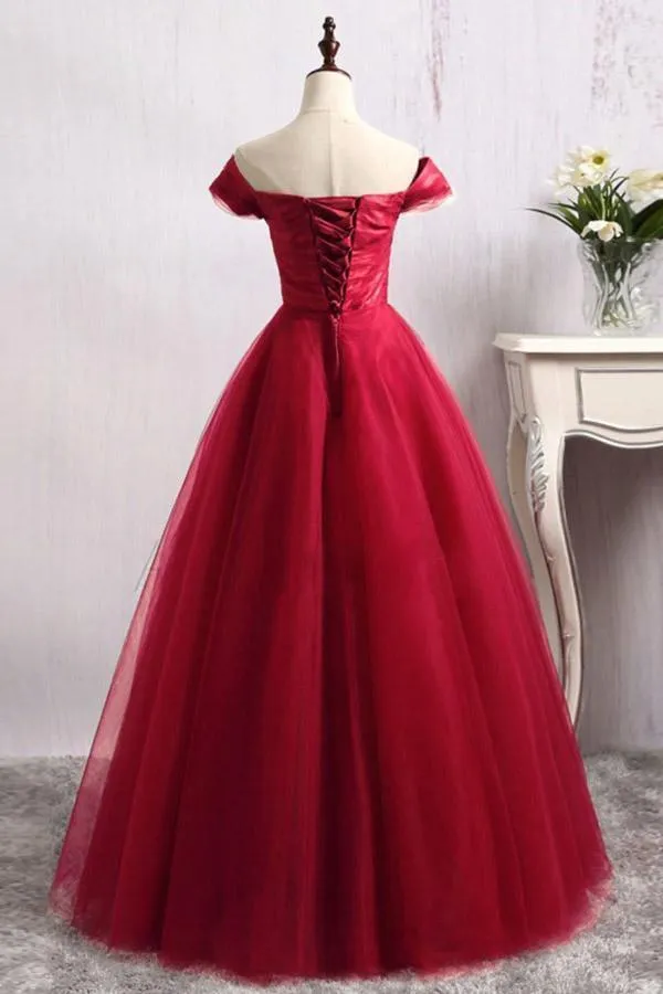 A-Line Off-the-Shoulder Floor-Length Dark Red Tulle Prom Dress  PSK097