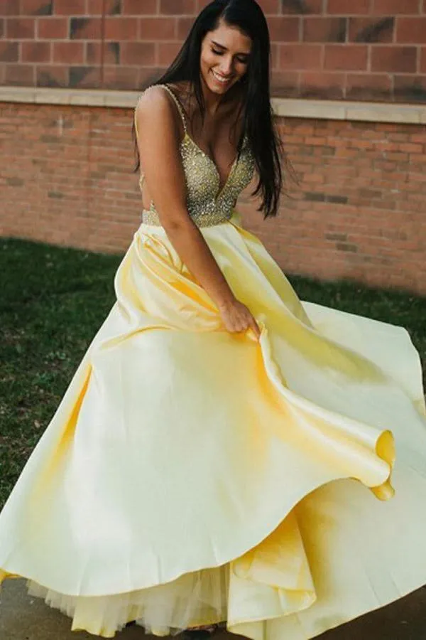 A Line Spaghetti Straps Backless Yellow Prom Dress With Beading PSK145