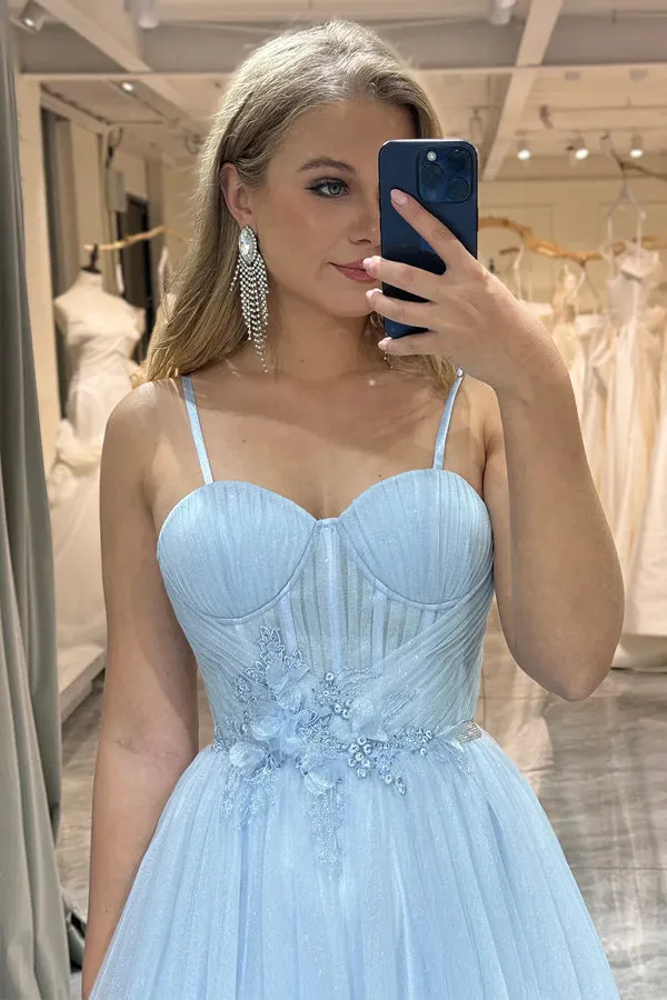 A Line Spaghetti Straps Tulle Blue Sparkly Prom Dress PSK473