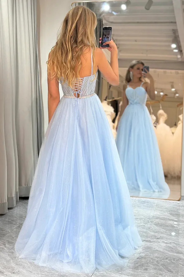 A Line Spaghetti Straps Tulle Blue Sparkly Prom Dress PSK473