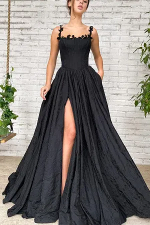 A Line Taffeta Split Black Long Prom Dress With Pockets PSK368