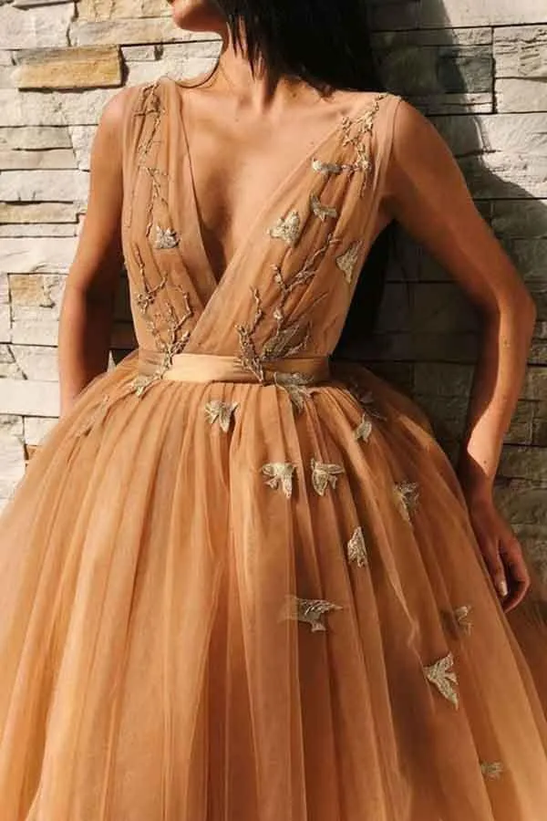 A-Line V-Neck Backless Gold Tulle Homecoming Dress with Appliques  PD227