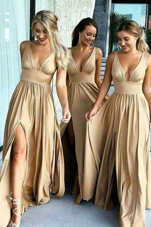 A-Line V-Neck  Elastic Satin Bridesmaid Dress with Split BD055