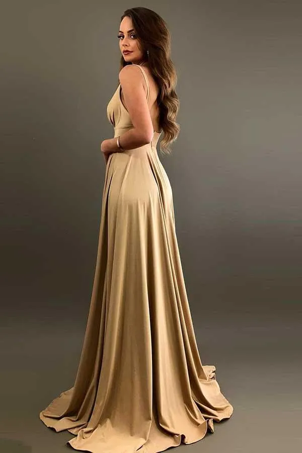 A-Line V-Neck  Elastic Satin Bridesmaid Dress with Split BD055