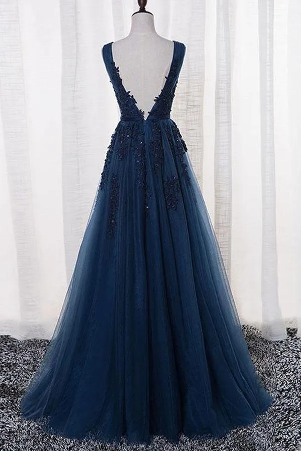 A-Line V-neck Floor length Tulle Prom/Evening Dress With Appliques PSK069