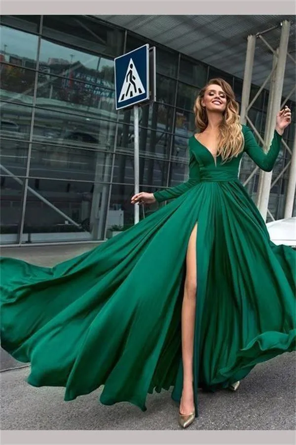 A-Line V-Neck Long Sleeves Dark Green Prom/Formal Dress With Split PSK082