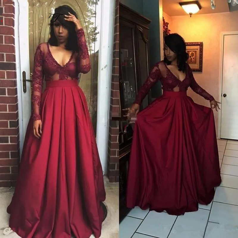 A-line V-neck Satin Burgundy Long Sleeve Prom/Formal Dress PSK175