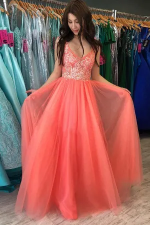 A-line V neck Watermelon Rustic Prom Dresses With Lace Prom Gowns  PSK216