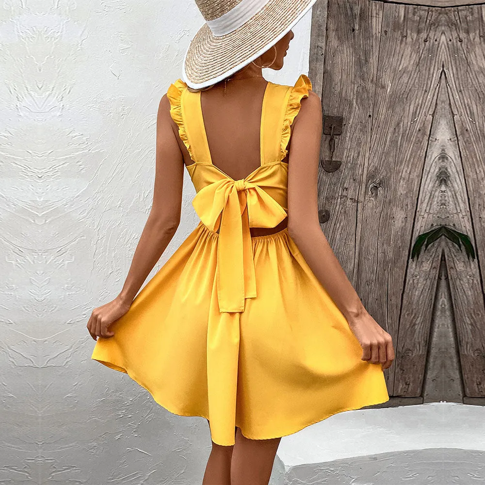 Backless Wooden Ears Sleeveless V-Neck Solid Color Dress Wholesale Dresses