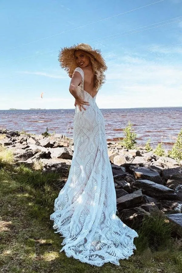 Boho Lace Sheath Sweep Train Sheath Beach Wedding Dresses  WD592