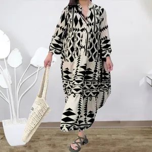 Casual Diamond Print Multi Button Flared Sleeve Shirt Dress Wholesale Dresses