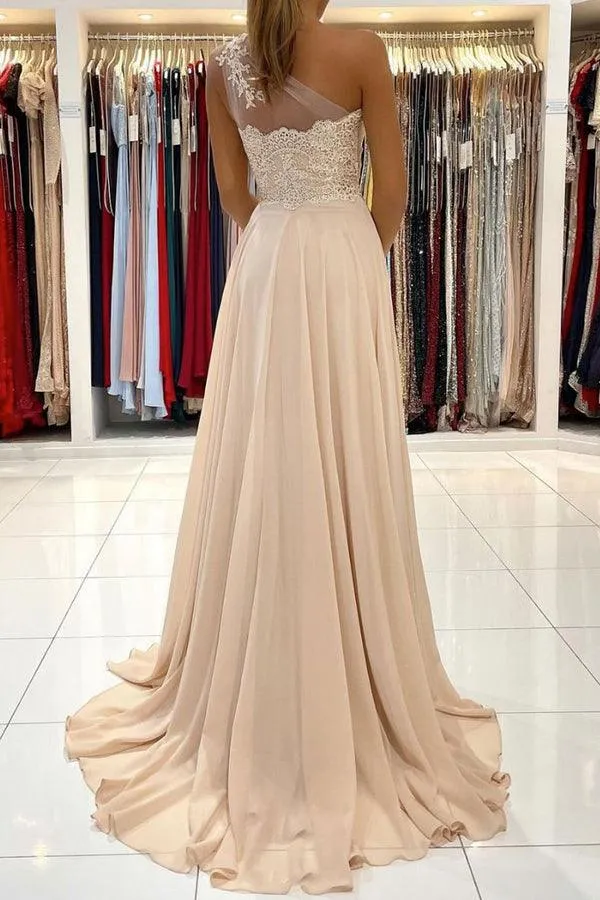 Champagne Chiffon One Shoulder Lace Long Prom Dress Formal Dress  PSK257