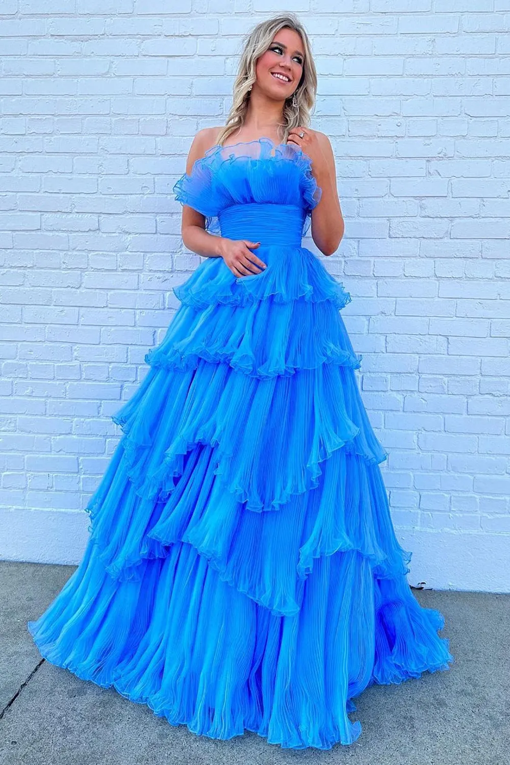 Charming A Line Strapless Blue Long Prom Dress with Ruffles PSK492