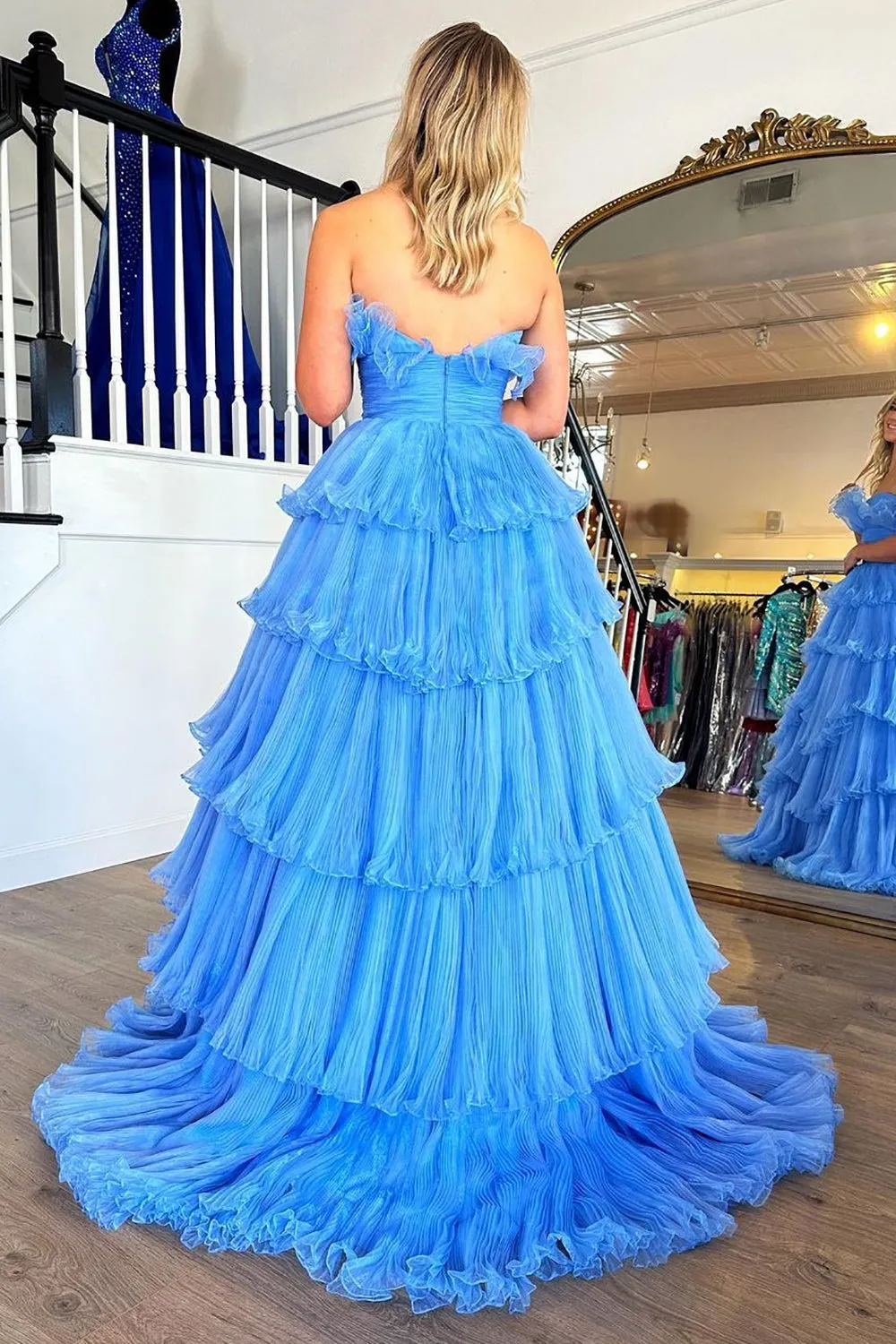 Charming A Line Strapless Blue Long Prom Dress with Ruffles PSK492