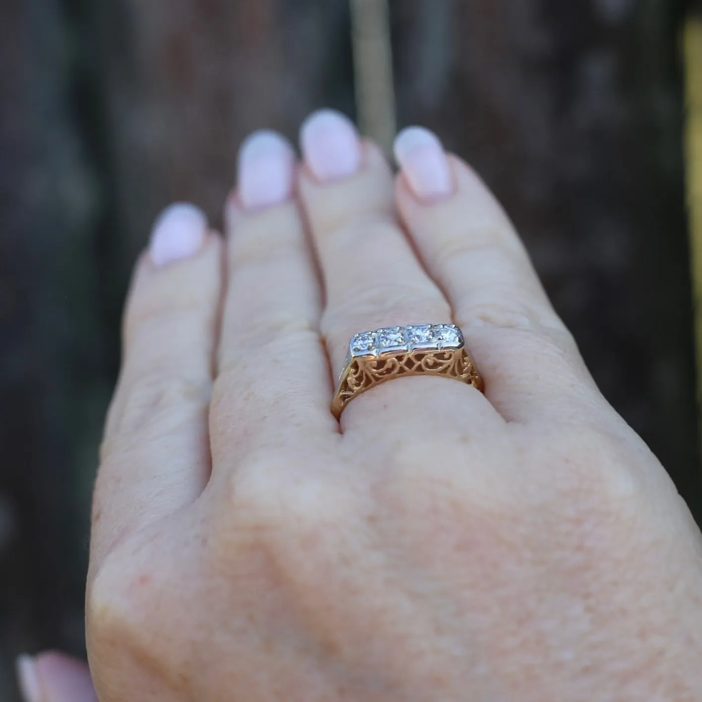 Circa 1915 4 Stone Transitional Cut Diamond Mixed Metal Ring, 18ct Yellow & White Gold, size N1/2 or 7, with valuation