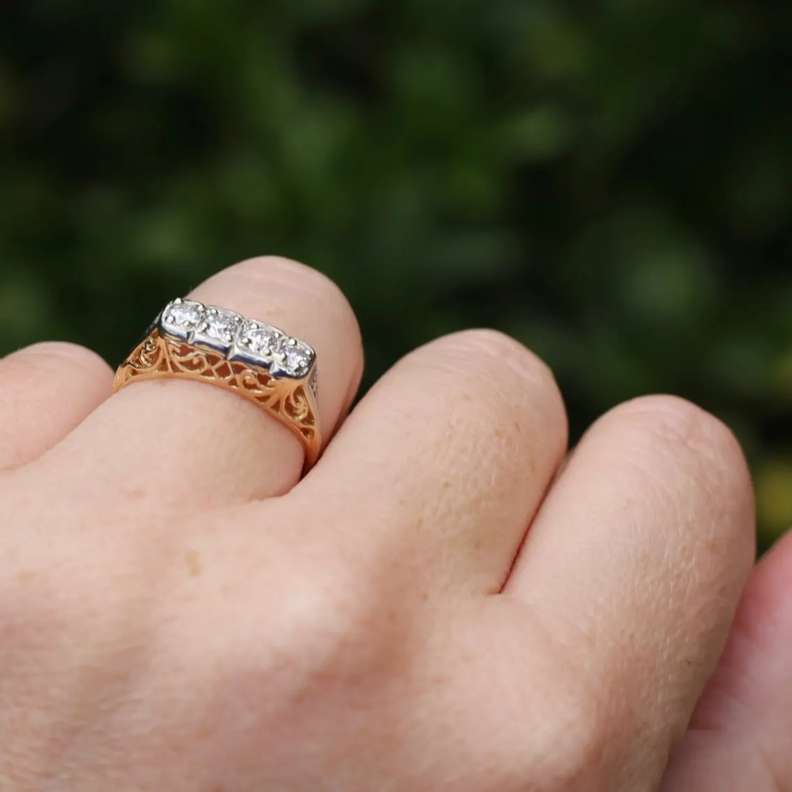 Circa 1915 4 Stone Transitional Cut Diamond Mixed Metal Ring, 18ct Yellow & White Gold, size N1/2 or 7, with valuation