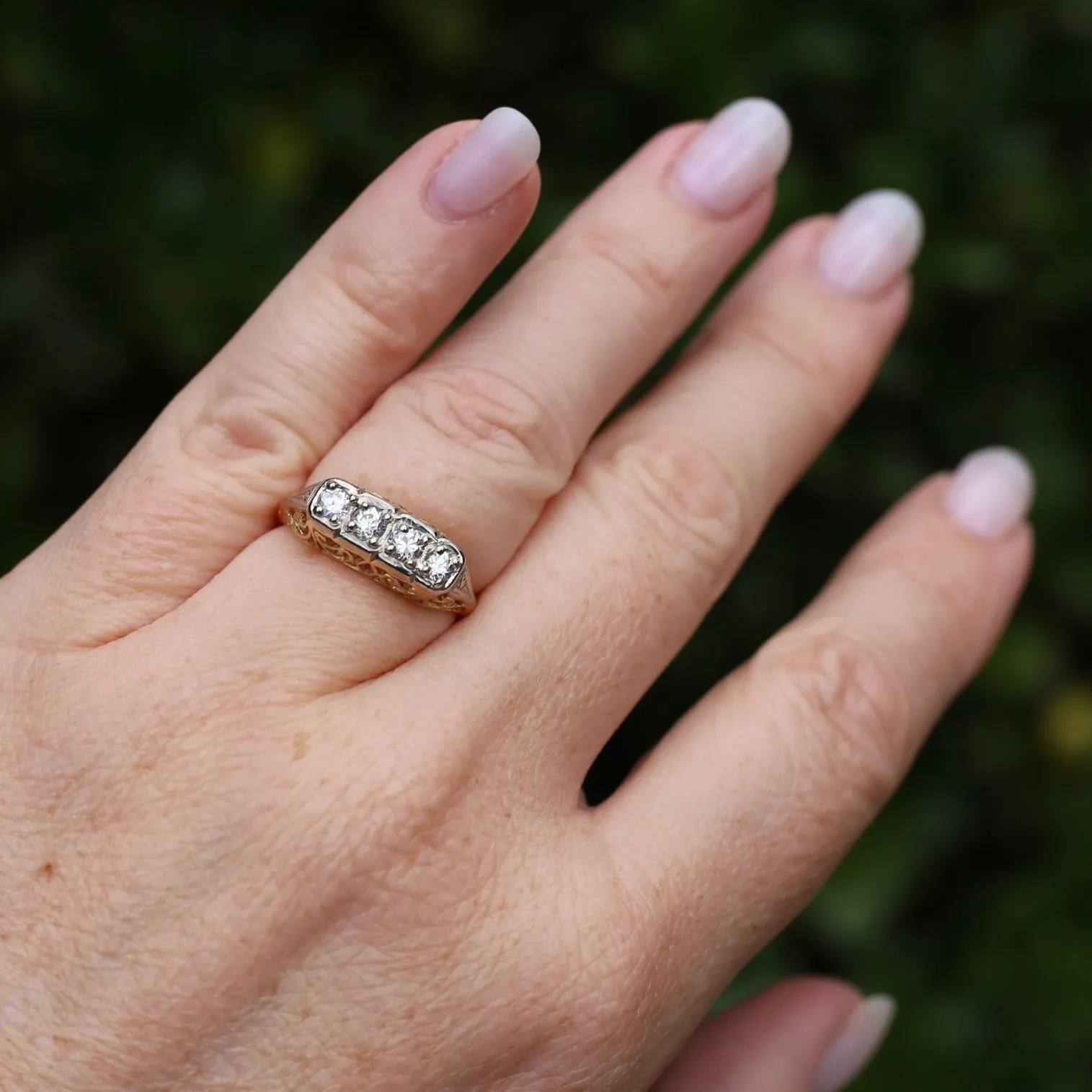 Circa 1915 4 Stone Transitional Cut Diamond Mixed Metal Ring, 18ct Yellow & White Gold, size N1/2 or 7, with valuation