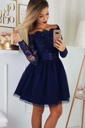 Cute Off the Shoulder Tulle Homecoming Dress with Lace Appliques, Short Prom Dresses UQ1843