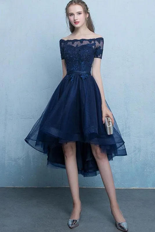 Dark Blue Off the Shoulder Tulle Homecoming Dress with Lace Appliques, High Low Dress UQ1725