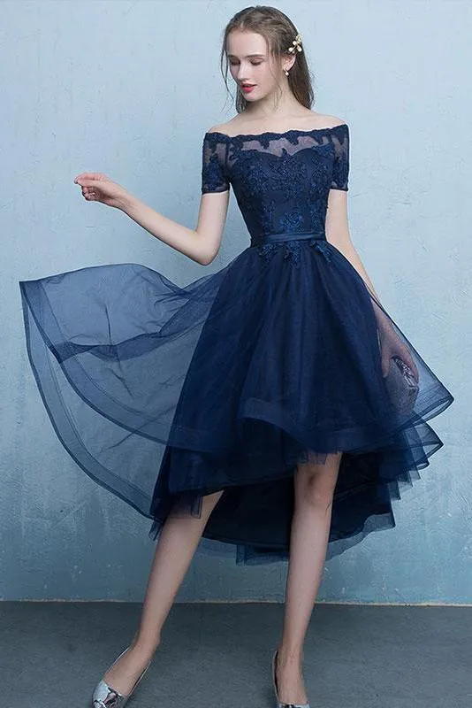 Dark Blue Off the Shoulder Tulle Homecoming Dress with Lace Appliques, High Low Dress UQ1725