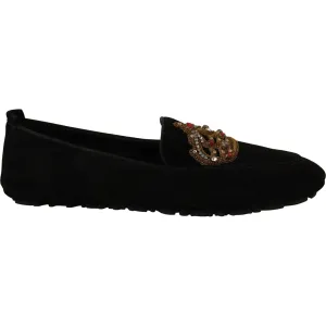 Dolce & Gabbana Elegant Black Leather Loafer Slides with Gold Embroidery