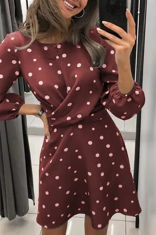 Dot O Neck Long Sleeve Mini Dress