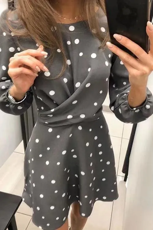 Dot O Neck Long Sleeve Mini Dress