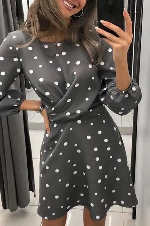 Dot O Neck Long Sleeve Mini Dress