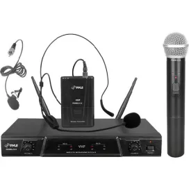 Dual Channel Wireless Microphone System - Portable VHF Audio Mic Set with Clip Lavalier lapel, Handheld, Headset, Transmitter, ¼’’ cable, power adapter - For Karaoke, PA DJ - Pyle Pro PDWM2115