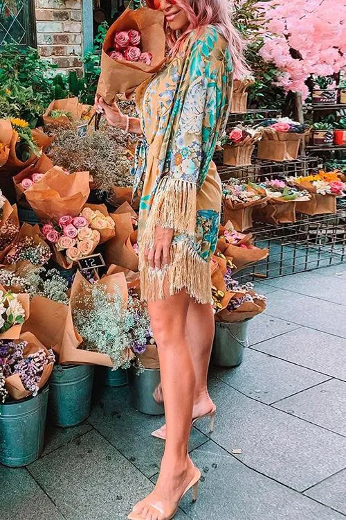 Print Tassels Flares Sleeve Mini Dress