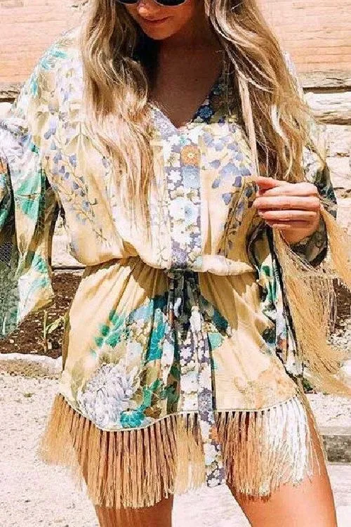 Print Tassels Flares Sleeve Mini Dress