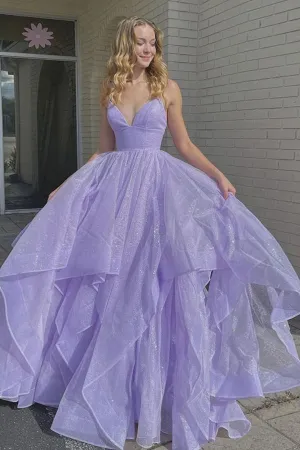 Shiny V Neck Fluffy Lavender Long Prom Dress, Long Formal Evening Dress UQP0037