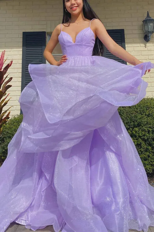 Shiny V Neck Fluffy Lavender Long Prom Dress, Long Formal Evening Dress UQP0037